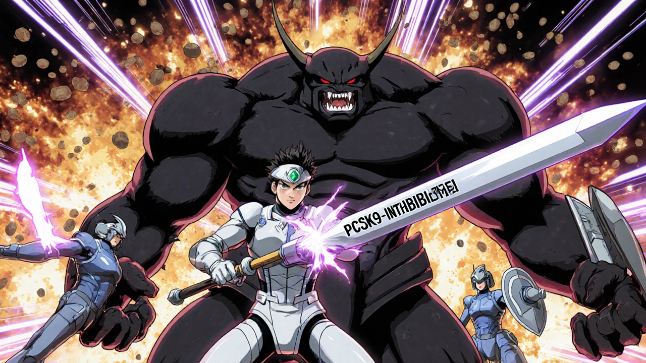 A hero in medical armor wielding a PCSK9 lance against a cholesterol monster, supported by other cholesterol-fighting allies.