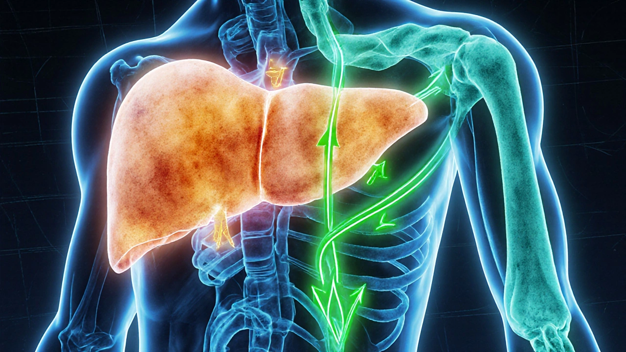 Artistic torso illustration with liver and muscles linked by glowing arrows of myokines.