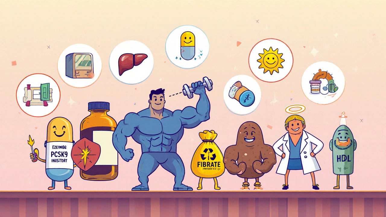 Cartoon lineup of cholesterol‑lowering drugs each depicted with icons showing their mechanisms and effects.