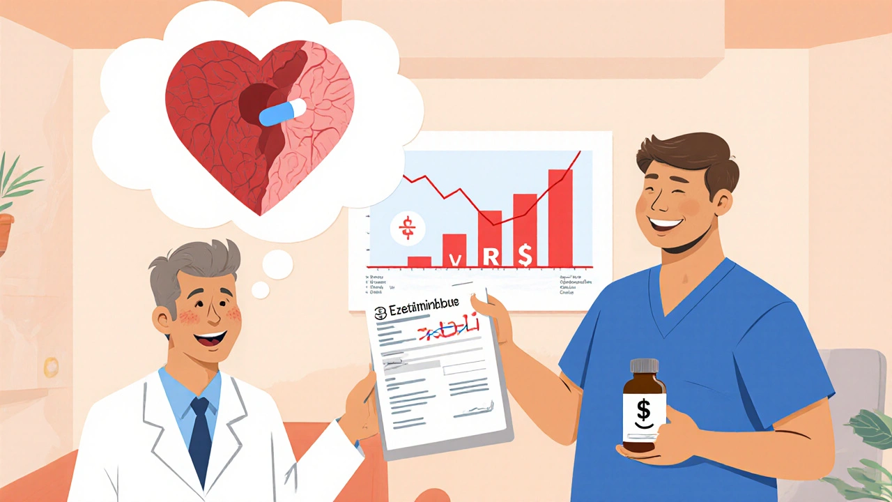 Cartoon scene of a patient switching to ezetimibe plus low‑dose statin, showing lowered LDL and reduced cost.