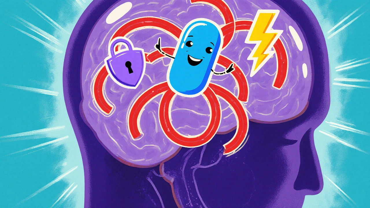 Cartoon view inside a head showing vessels narrowing with a Rizact capsule.