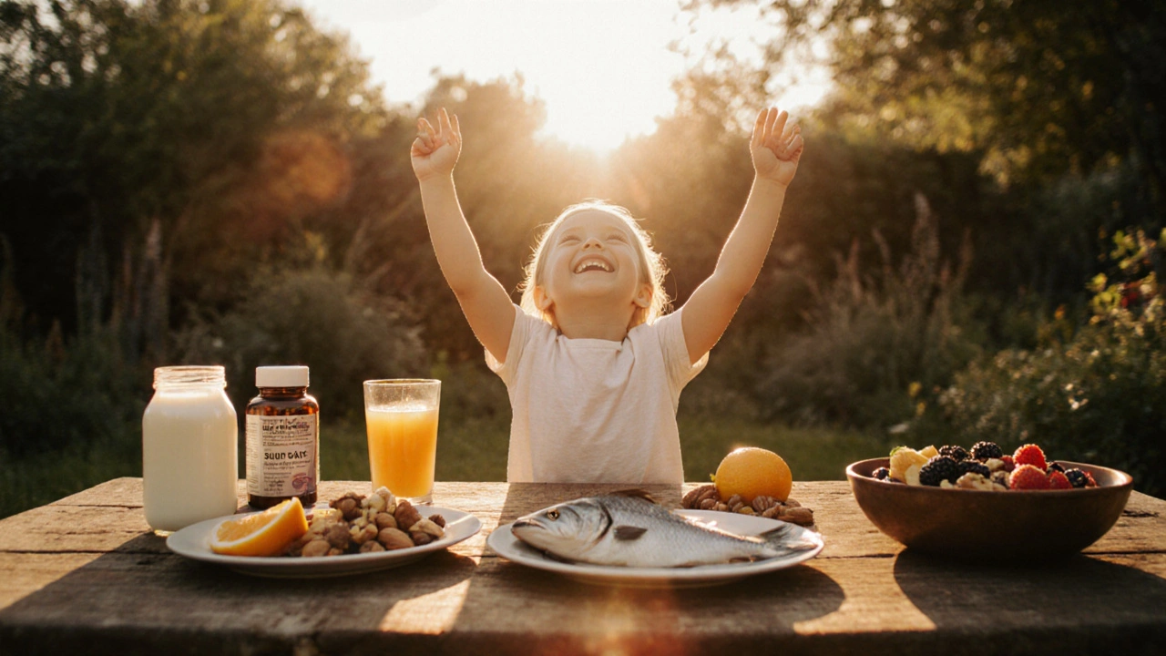 Child soaking sun in garden beside fortified foods and supplements, showing prevention.