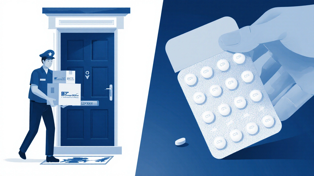 Delivery box opened on a UK doorstep, revealing blister pack of ciprofloxacin tablets with imprint.