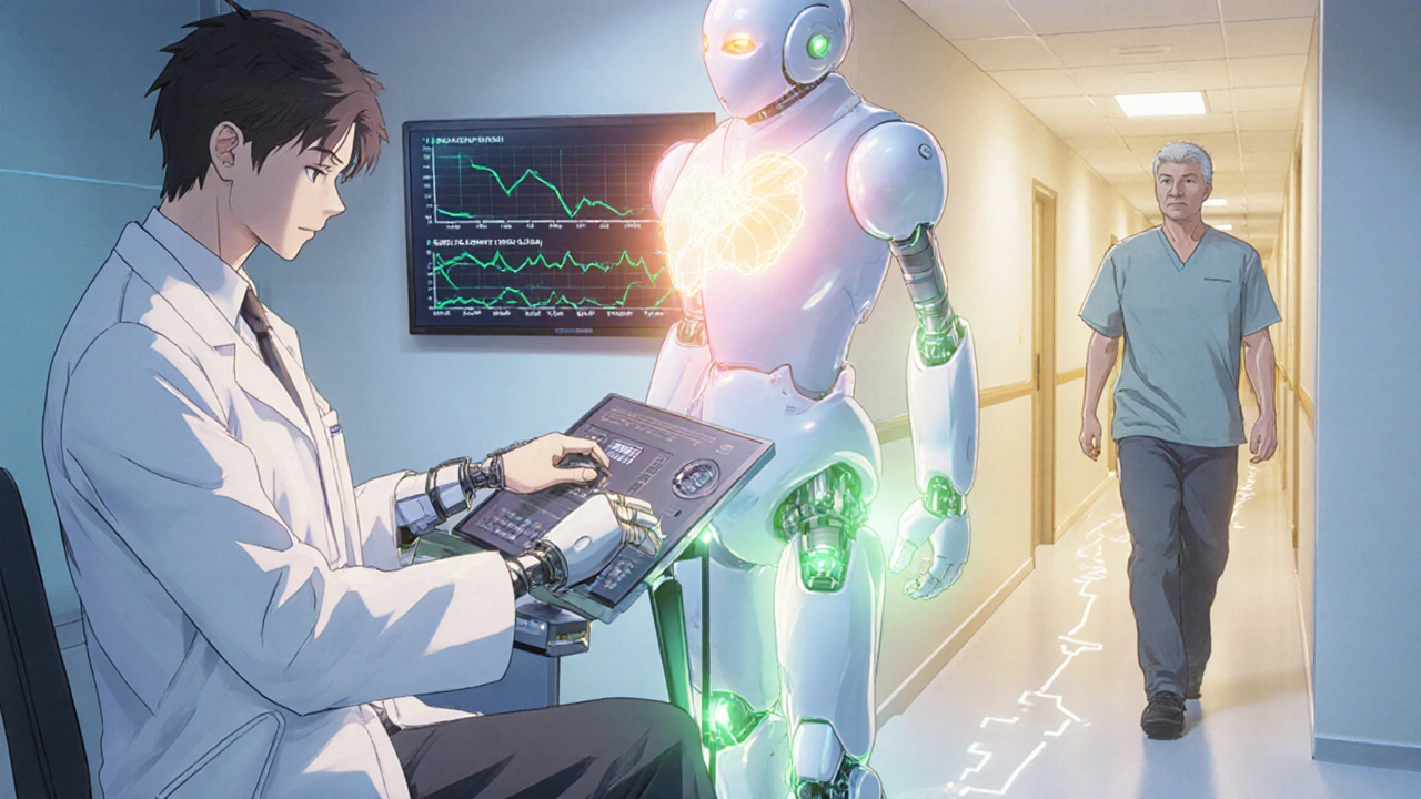 Doctor adjusts robot controls as patient walks, showing therapy success.