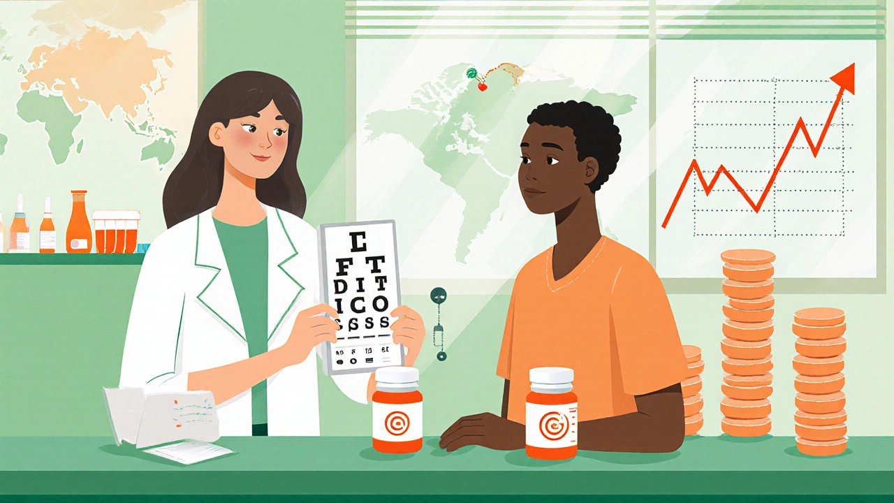 Doctor and patient discussing chloroquine safety, with pharmacy and growth chart elements.