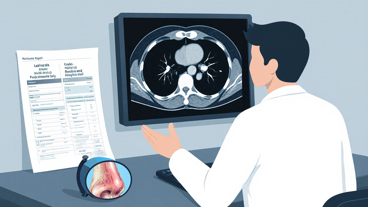 Doctor reviewing sinus CT scan and lab results for C4 and C1‑INH.
