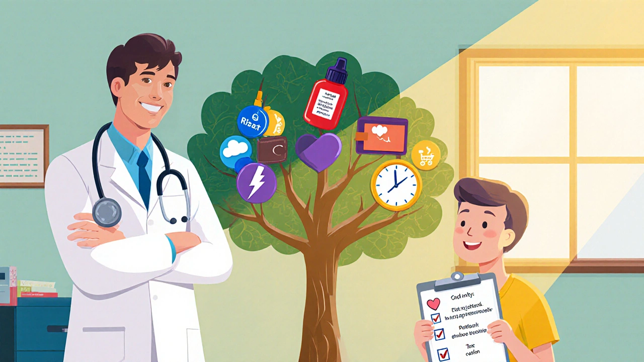 Doctor with a colorful decision tree of migraine meds and patient holding checklist.