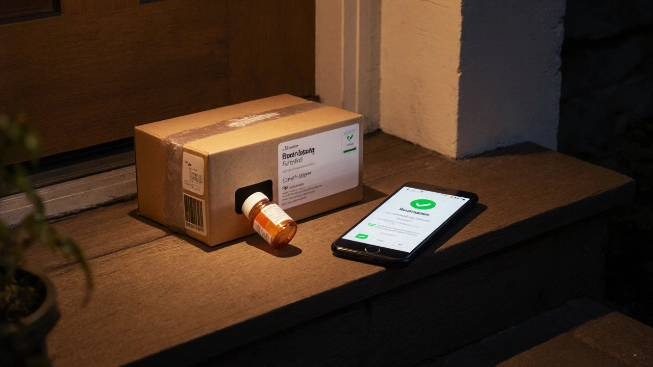 Doorstep box with tamper‑evident seal and smartphone tracking device at dusk.
