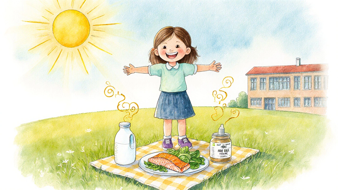 Girl smiling in sunlight with fortified milk, fish, and greens, representing recovery.