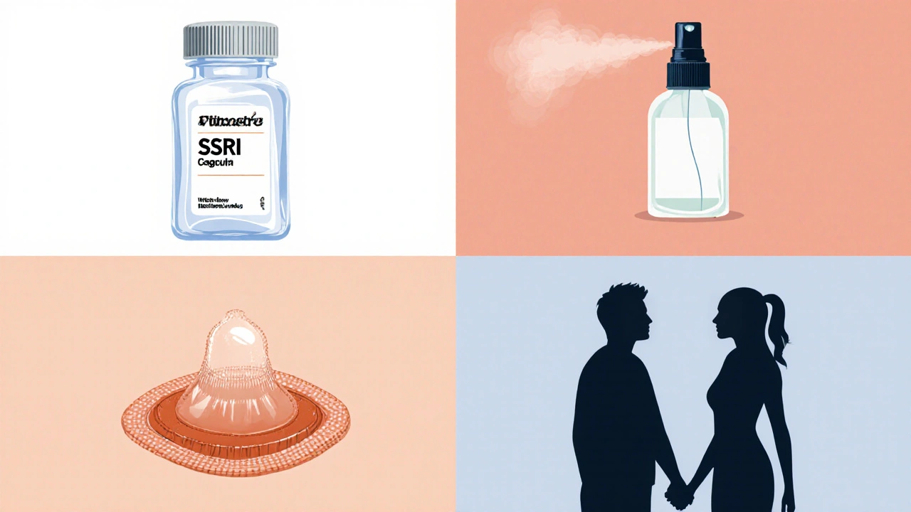 Illustrated collage of pill bottle, spray, condom, and couple practicing therapy.