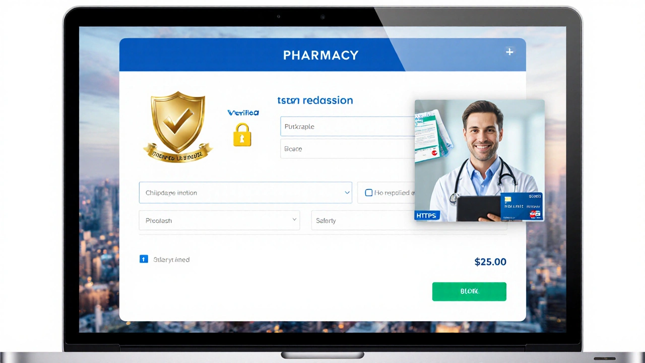 Laptop checkout page showing license badge, secure lock, and doctor video call.