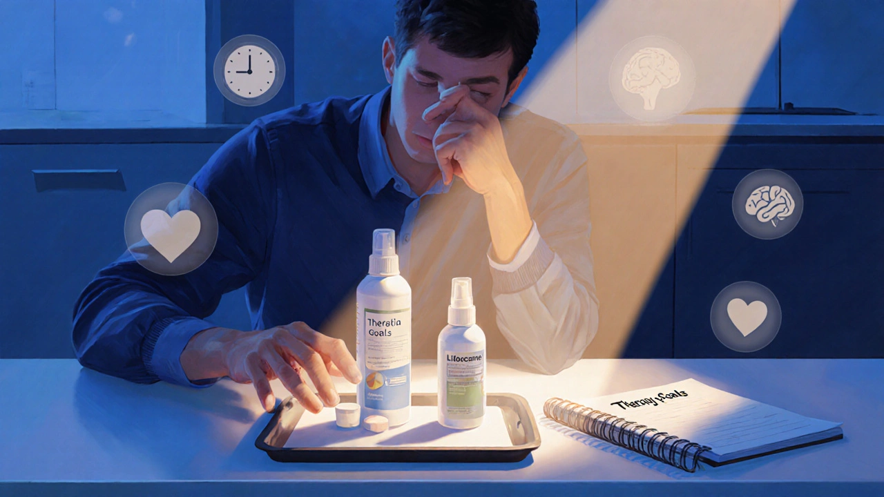 Man choosing between a pill, spray, and therapy notebook at a table.