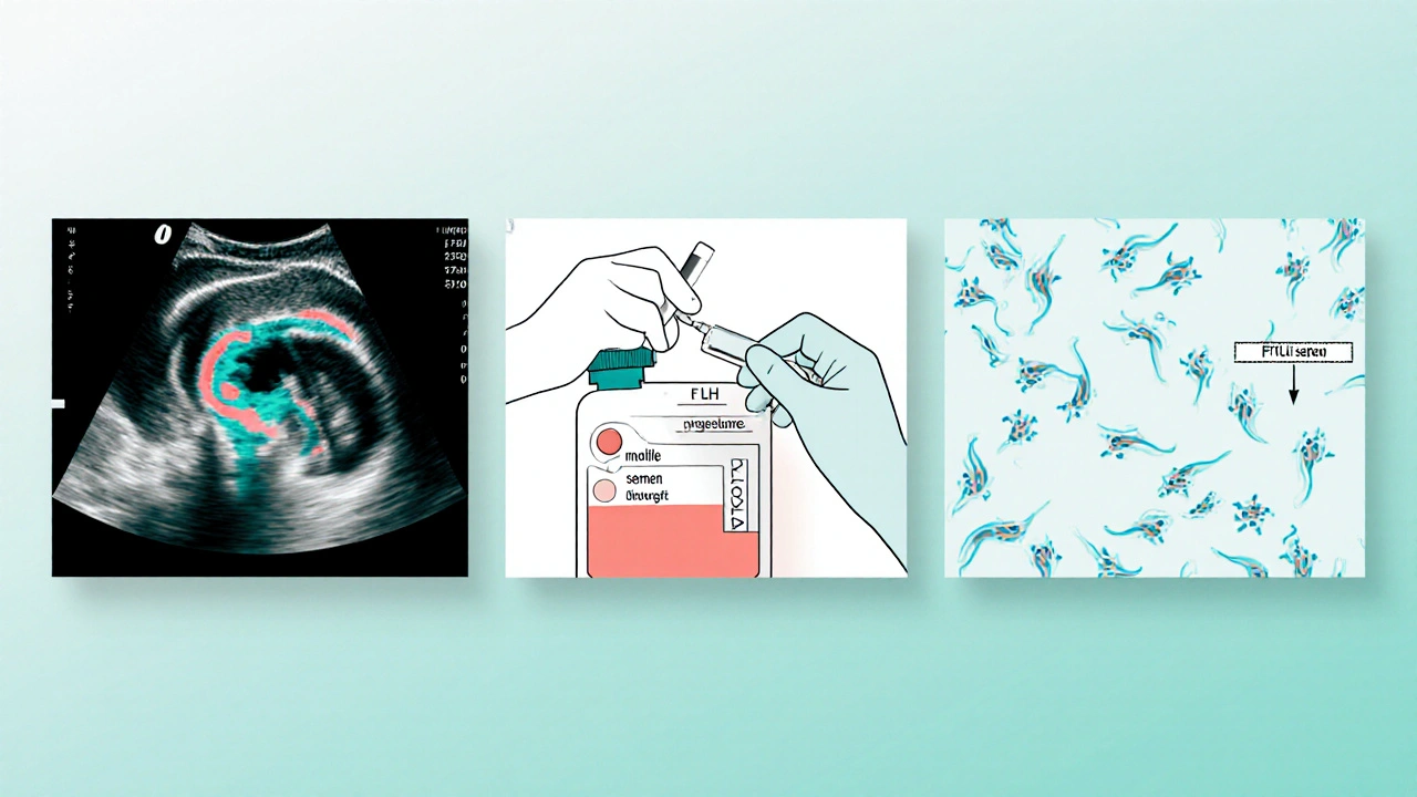 Medical illustration showing ultrasound of ovaries, blood draw for hormone test, and semen analysis slide.