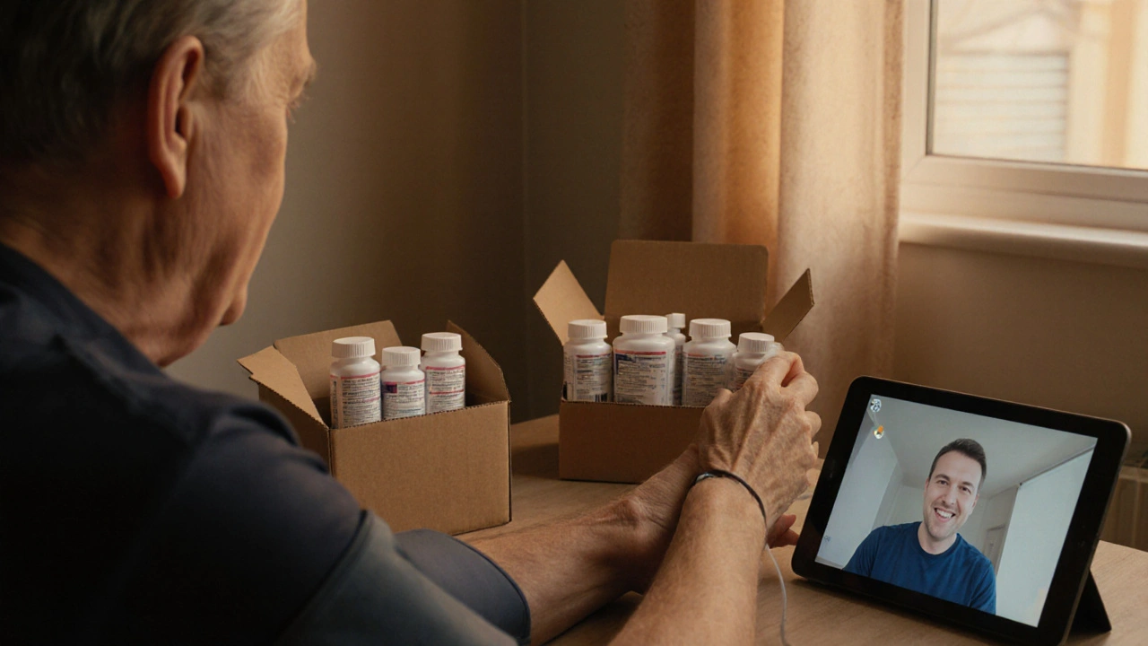 Patient monitoring blood pressure at home after receiving lisinopril delivery.