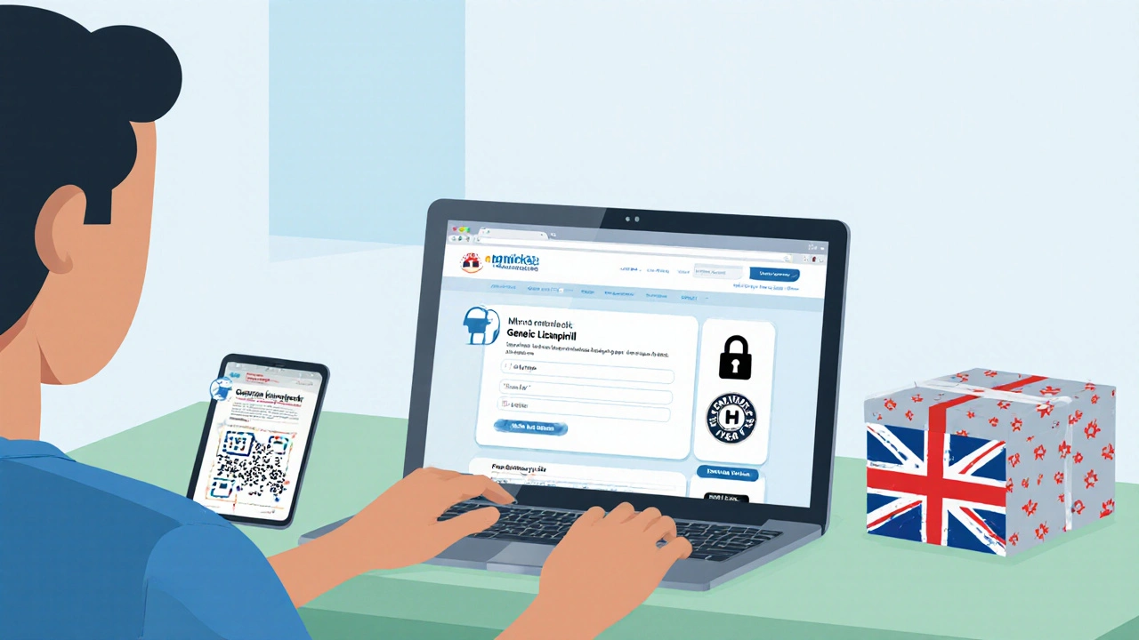 Person ordering lisinopril online, showing secure pharmacy icons and a delivery box.