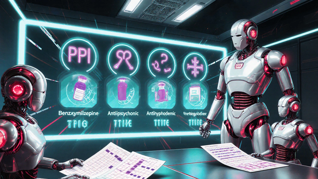 Pharmacist robot and team display taper schedules for five drug classes on a digital screen.