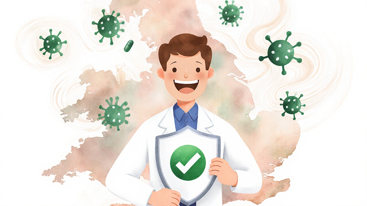 Pharmacist with a shield in front of a UK map, illustrating responsible antibiotic use.