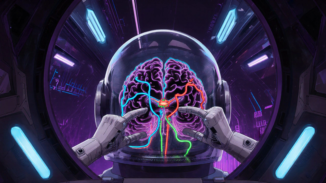Robot inside a brain cockpit shows neon pathways of H1, D2, and acetylcholine being blocked.