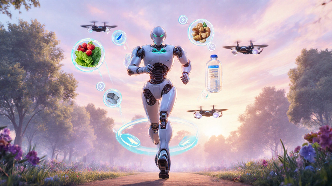 Robot jogging in sunrise park with floating icons of healthy foods and medication power-ups.