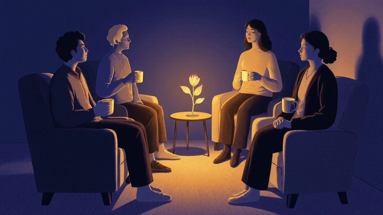 Support group circle with diverse people, candle, and a blooming seedling between a holding‑hands couple.