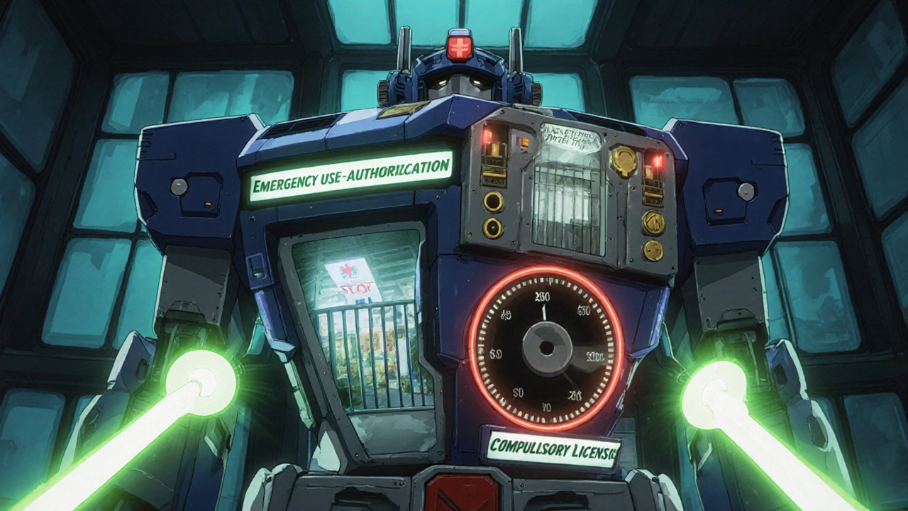 The robot splits into four modules showing emergency use, export bans, price caps, and compulsory licensing.