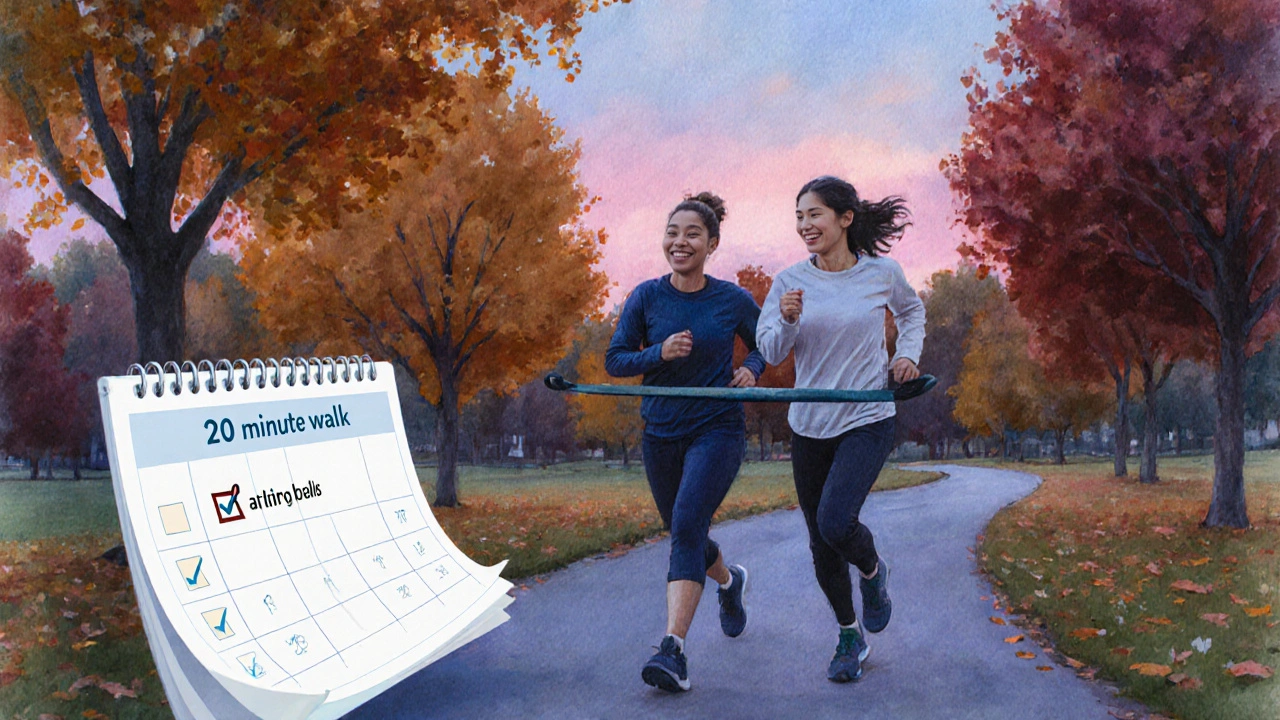 Two friends exercising on a park path at sunset, with a calendar showing a workout check.
