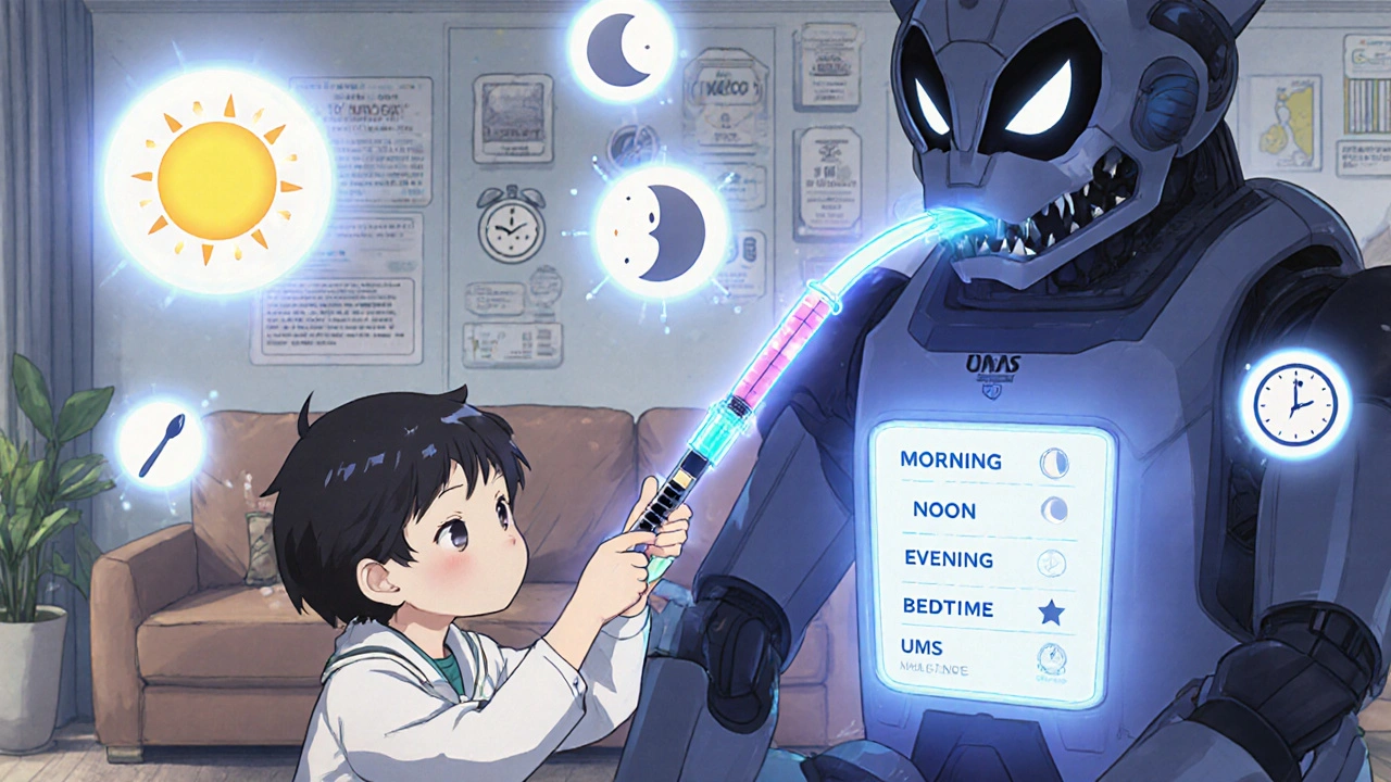 A child measuring medicine with a dragon-shaped syringe while a robotic parent displays morning, noon, evening, bedtime labels.