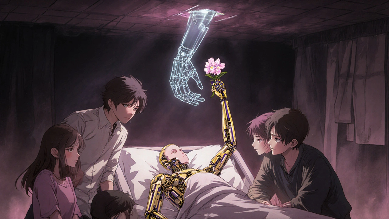 A family beside a patient whose body is turning to broken circuitry, a cherry blossom floats above.
