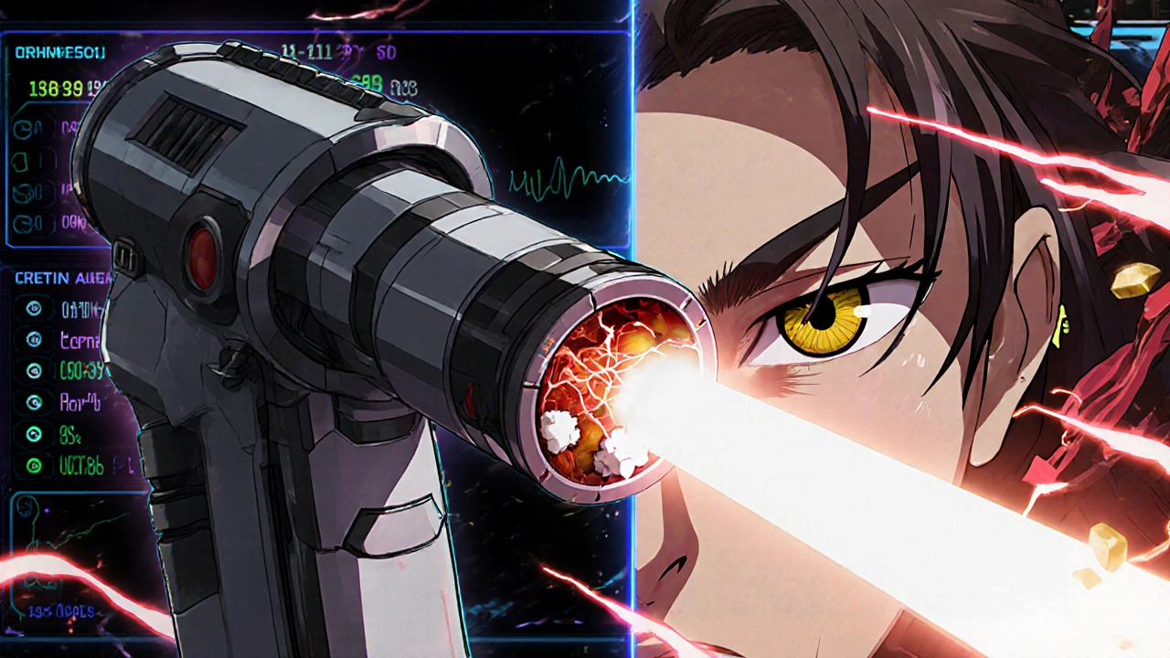 A futuristic ophthalmoscope mech beam revealing retinal damage inside the eye with pressure readouts.