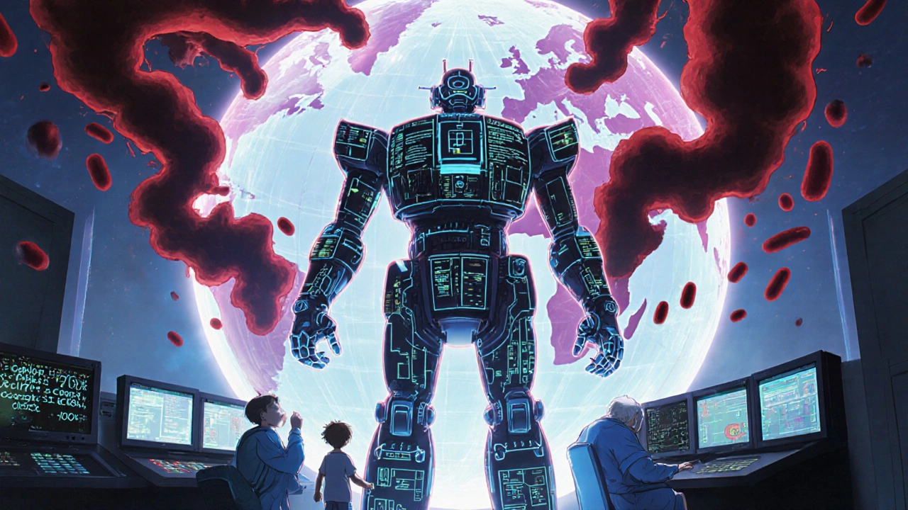 A giant AI formed from medical charts shields a child and elderly from monstrous bacteria shadows, with a global map showing regions in crisis.