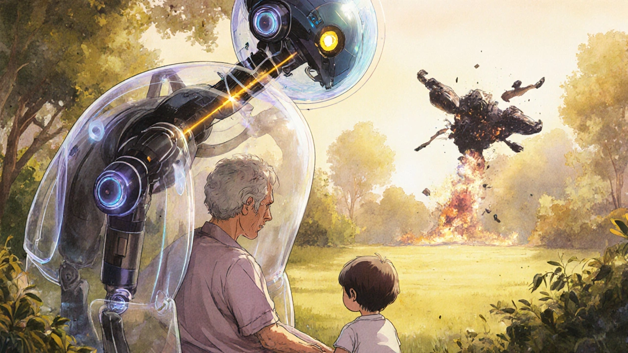 A guardian robot gently removes opioid toxins while a patient enjoys time with their grandchild in sunlight.