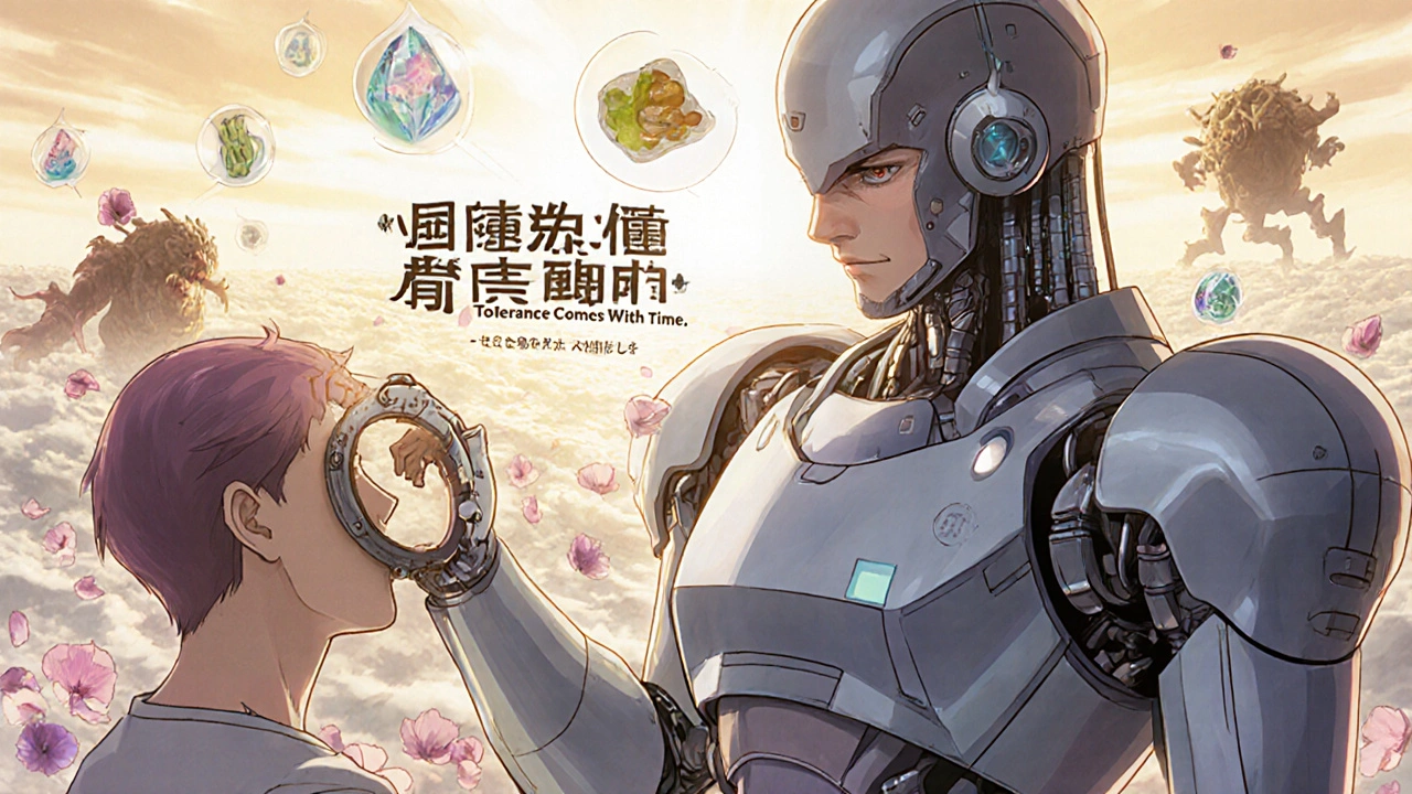 A healer robot lowers an opioid dose as nausea monsters turn to petals, with ginger and patch icons floating nearby.