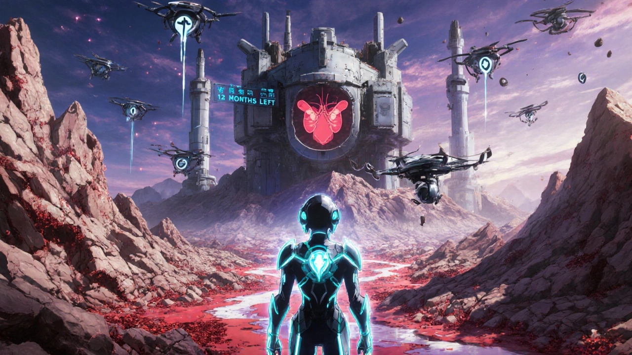 A hero in medical exosuit stands before a crumbling retinal landscape with failing organs in the background.