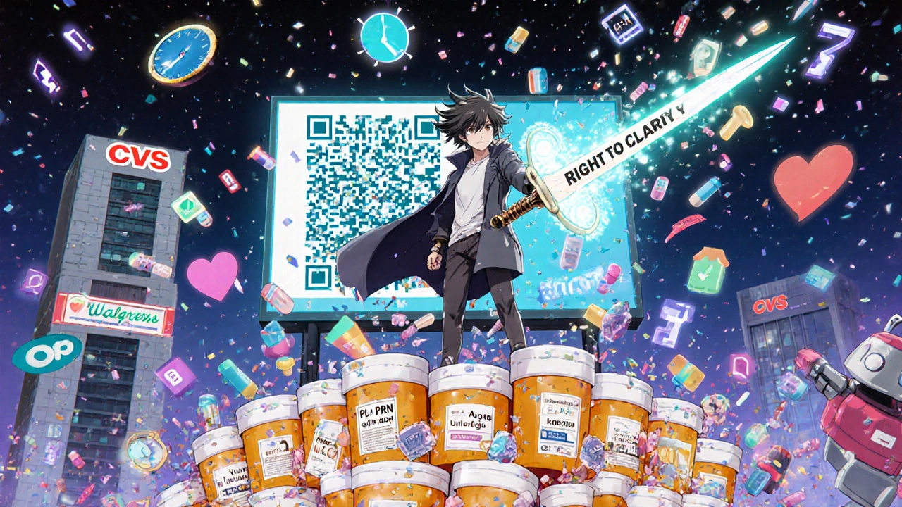 A heroic patient cuts through jargon with a clarity sword as visual instructions beam from a QR code in a vibrant anime cityscape.