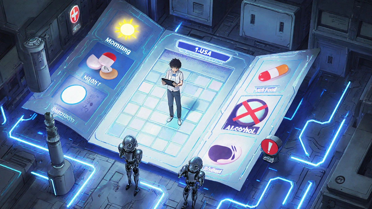 A mechanical medication schedule with pictograms pulses beneath a patient standing atop it, assisted by humble robot pharmacists.