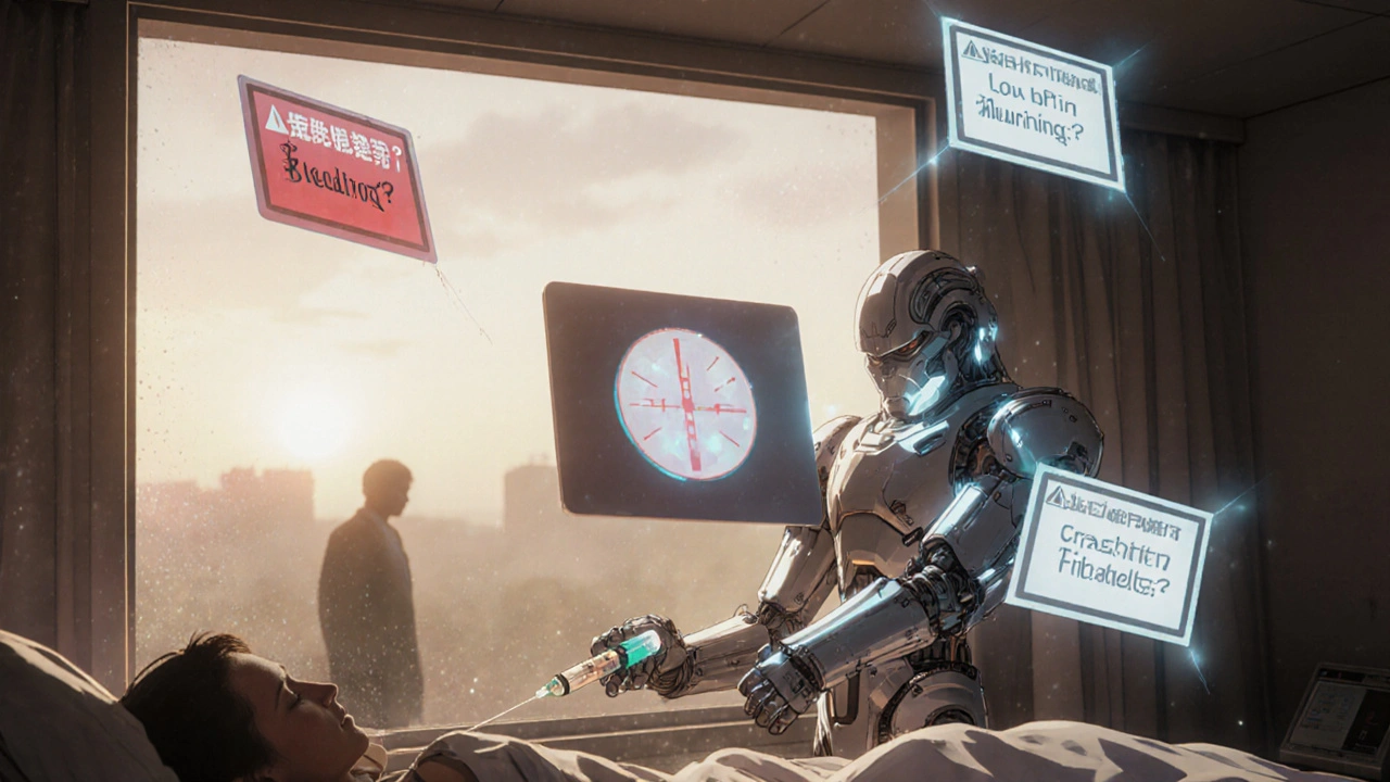 A medical alert card floats with warning symbols as a robot arm offers life-saving treatment.