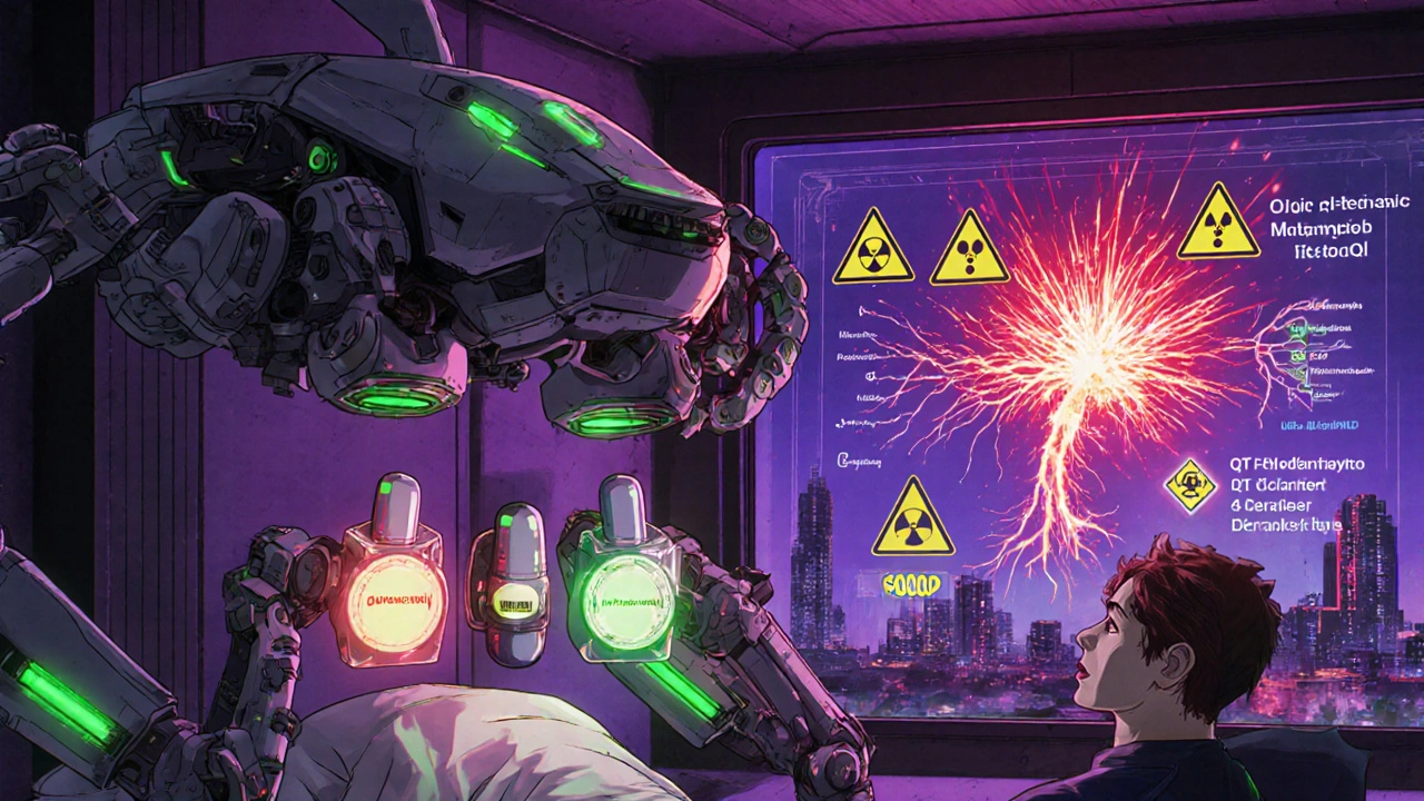 A medical drone deploys antiemetic capsules as a patient&#039;s nervous system glows with warning signs of heart risks.