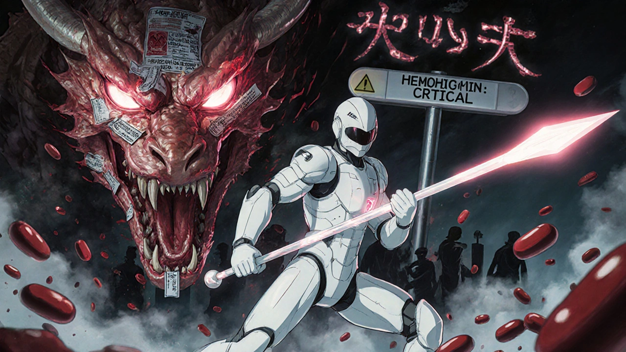 A medical hero fighting a bleeding intestine dragon with a PPI lance, blood test glowing in the background.