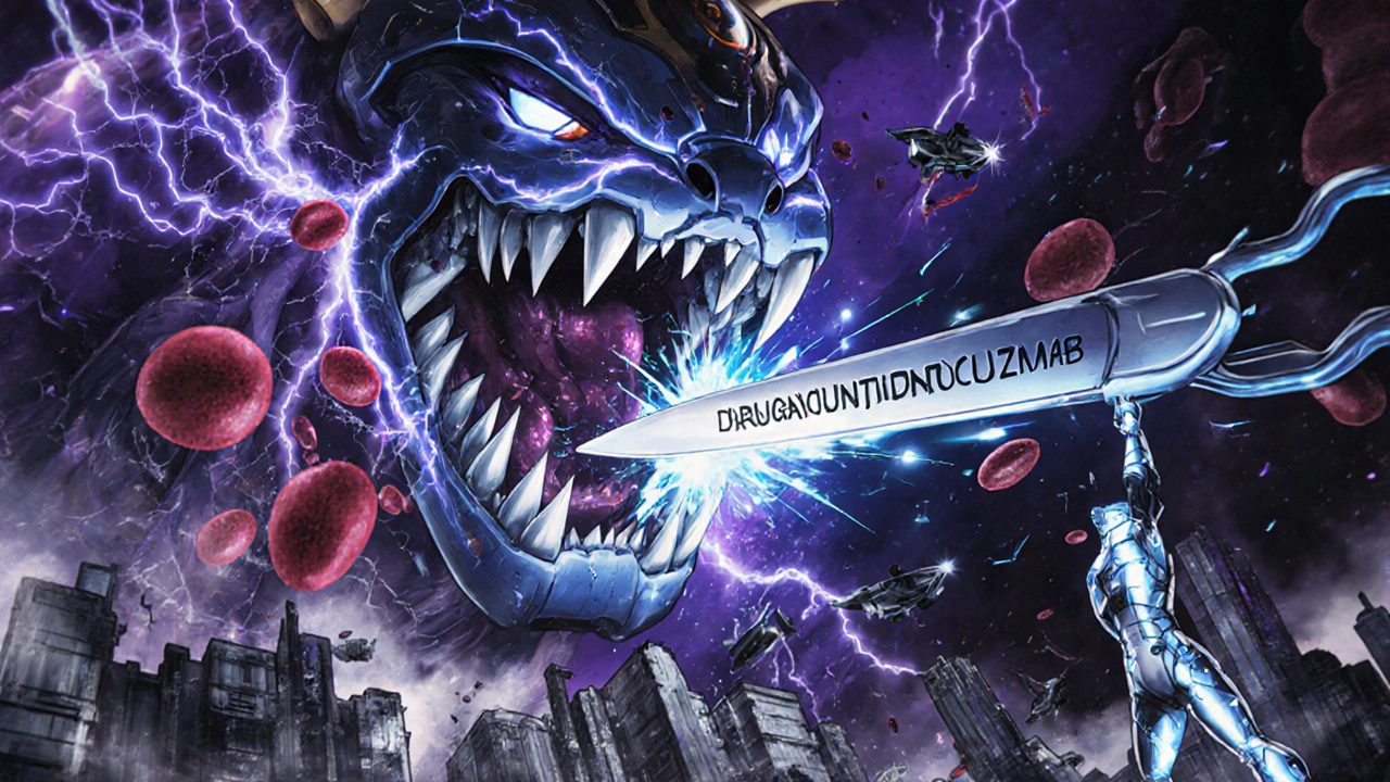 A monstrous drug capsule attacks a mechanical human body as a hero fights back with an antidote scalpel.