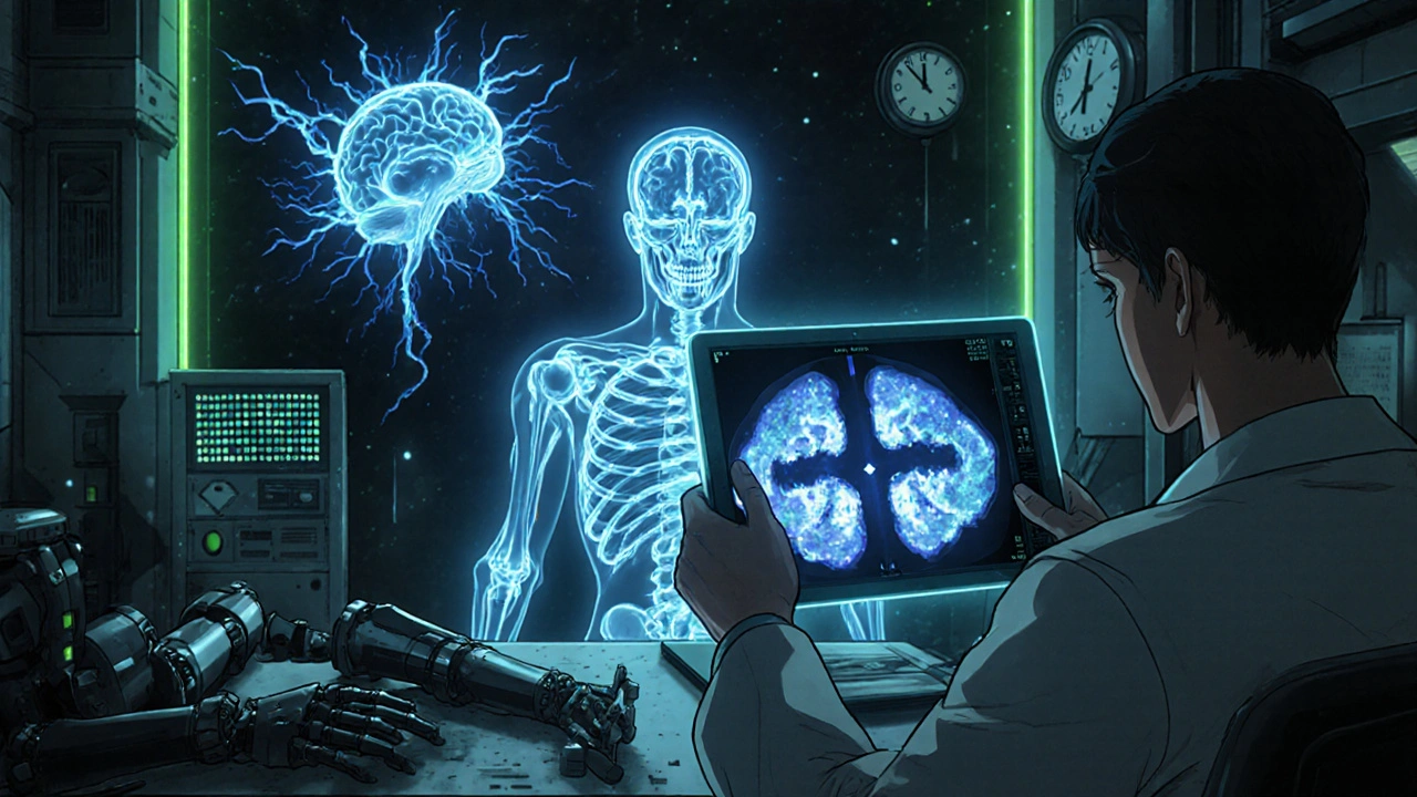 A neurologist examines an MRI showing brain damage, with alpha-synuclein clumps consuming nerves.