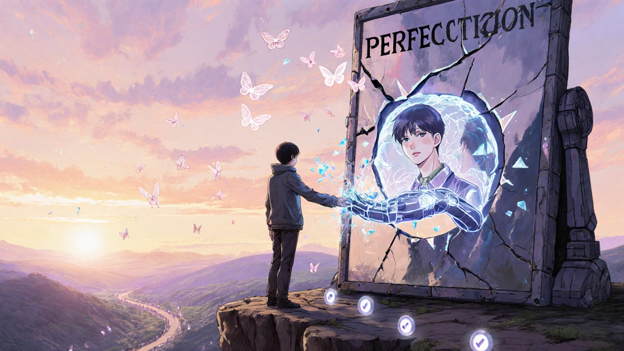 A person shatters a perfection mirror with a brain-shaped robot companion as affirmations become butterflies.