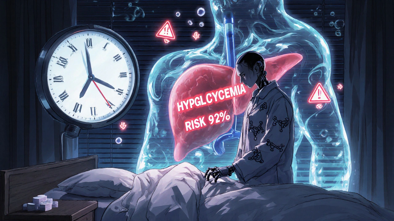 A robot in pajamas reaches for glucose tablets at 3:17 AM as a frozen liver glows behind it.