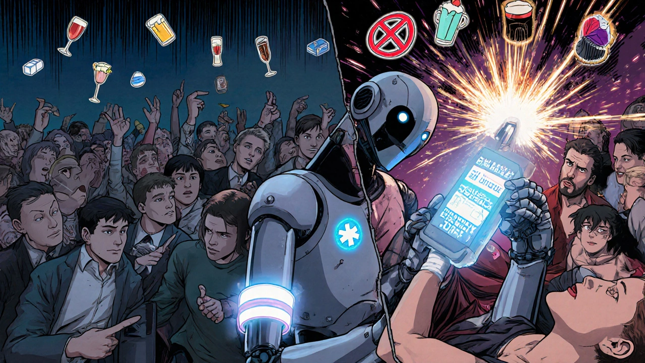 A robot with medical alert bracelet saves someone from hypoglycemia while safe drinks float nearby.