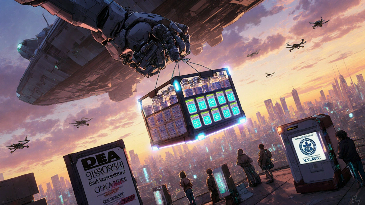 A robotic arm collects expired drugs from a vet clinic rooftop as a skyship hovers above with glowing labels.
