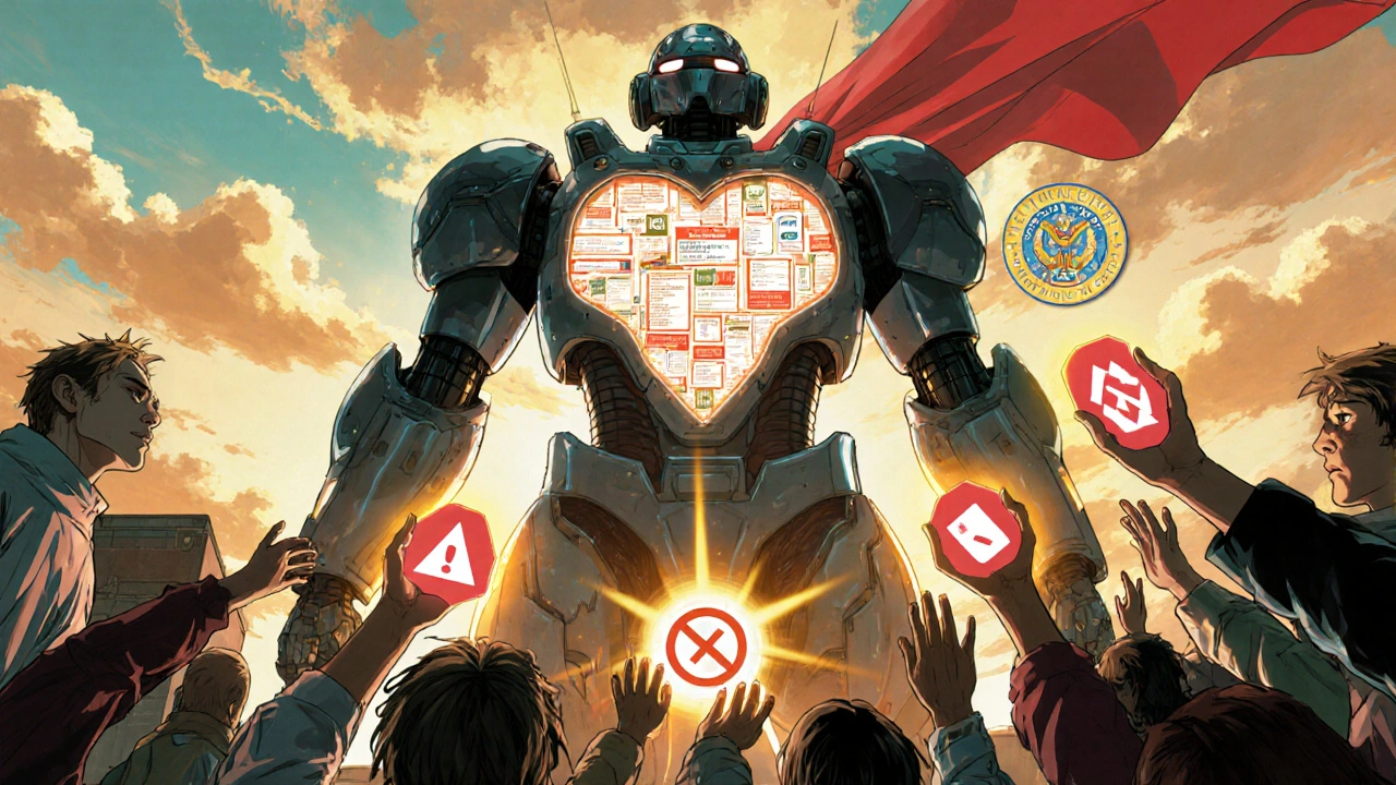 A towering AI health assistant projecting clear medication pictograms onto people’s hands under a glowing U.S. Pharmacopeia seal.