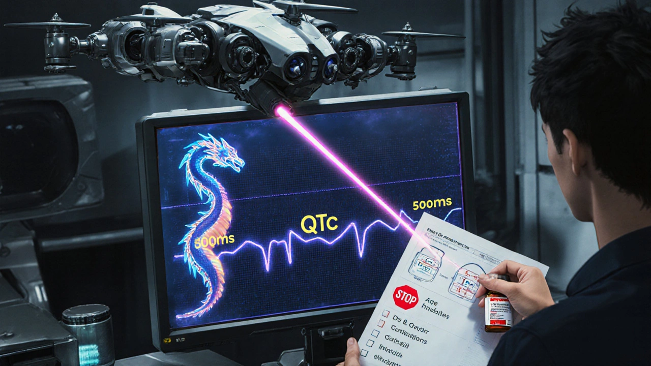 AI drone analyzing a dragon-shaped ECG waveform with a 500ms threshold and risk factor holograms in a high-tech lab.