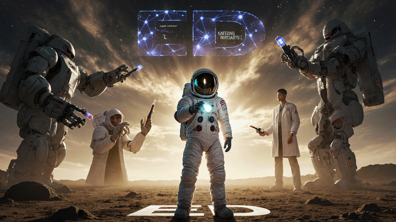 An astronaut holds a glowing pill on a barren planet as robotic doctors reach out with medical tools behind them.