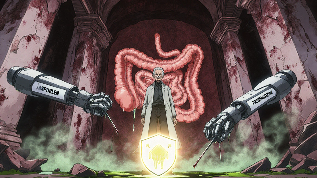 An elderly person in a crumbling gut cathedral, attacked by robotic NSAID arms, with a weak protective shield.