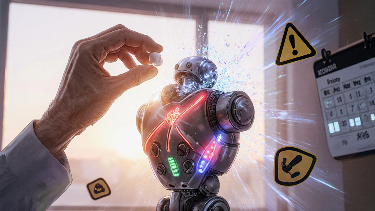 An elderly person placing a pill into a robot heart with nitrate-free cycle lights, warning symbols breaking apart.