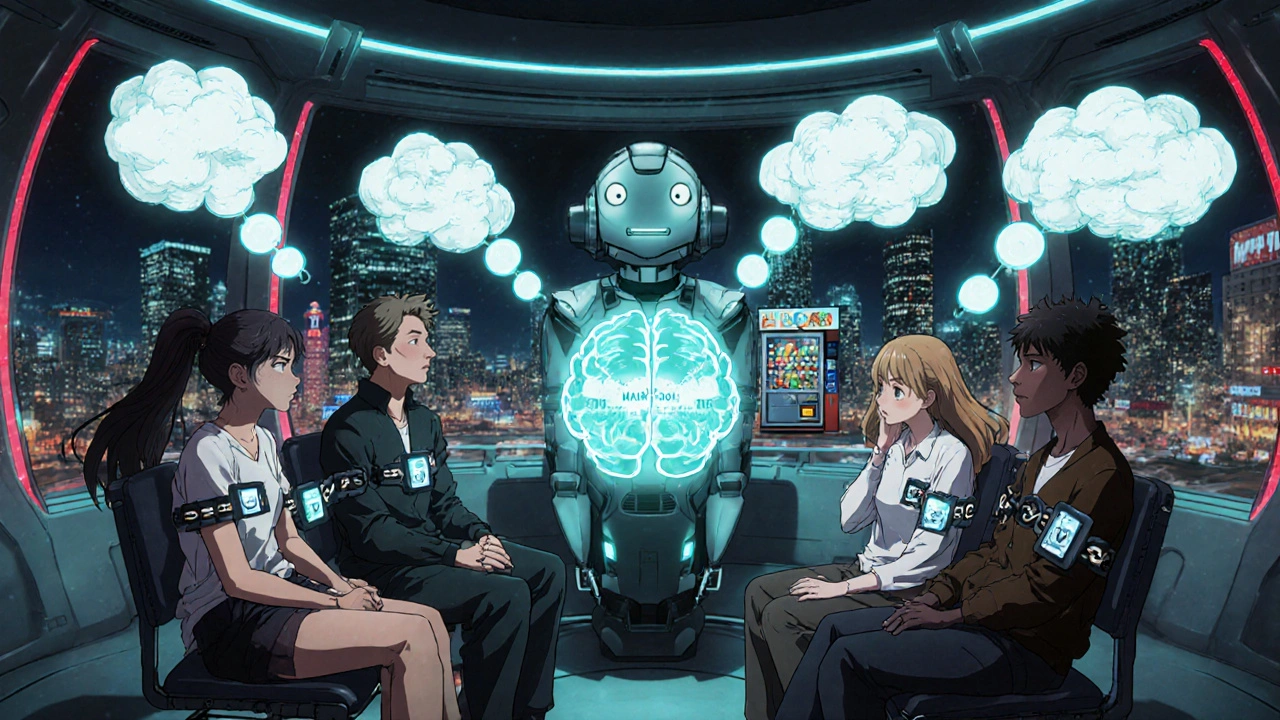 Diverse people in a brain-shaped room train with holographic goals as their emotional triggers transform around them.